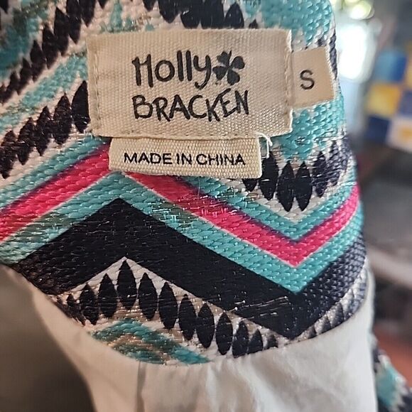 Holly Bracken Womens Blazer Jacket Sz Small Yellow Blue Chevron Print Zip Front - Picture 10 of 12